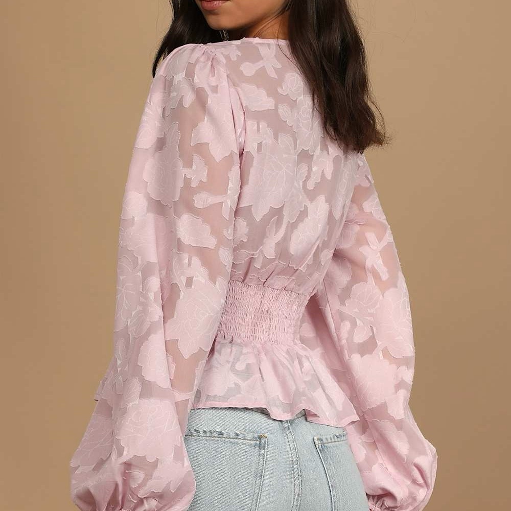 Lulu's Patio Date Floral Jacquard Button-Up Long Sleeve Top - Picture 2 of 11